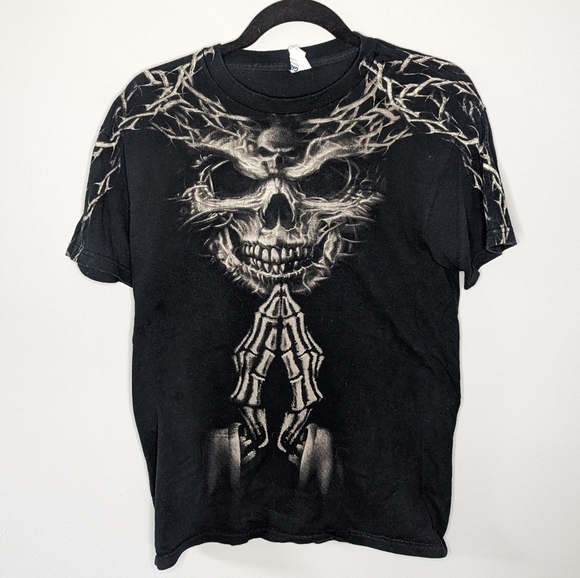 Y2K Gildan Grim Reaper skeleton Grunge Smoke Mist smiling prayer pose mens small - Picture 3 of 5